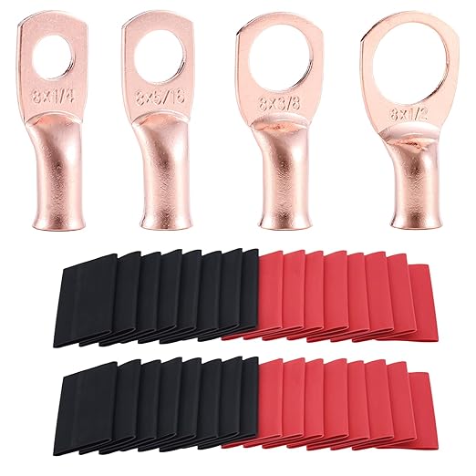 8 AWG Pure Copper Ring Terminal Kit (62 Pcs) - 30 Battery Lugs (1/4", 5/16", 3/8", 1/2") with 32 Heat Shrink Tubes for 8 Gauge Wire in Automotive, Solar, Inverter, Marine, RV Applications