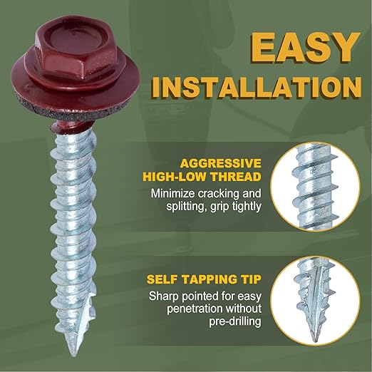 LIONMAX Metal Roofing Screws #10 × 2 Inch, 300-PCS, Dark Red Painted Hex Head Sheet Metal Roof Screws, Rubber Washer, Sharp Point, Metal to Wood Siding Screws, Hex Socket Included