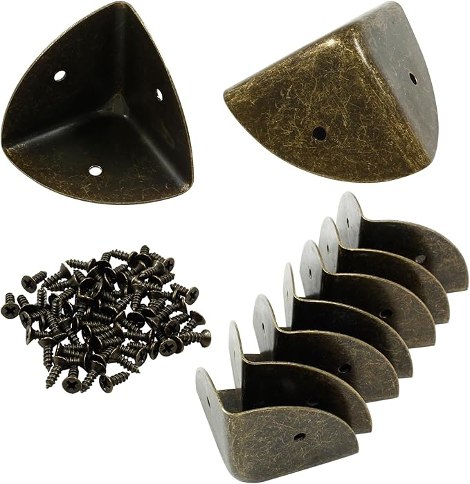 12Pcs Box Corner Protectors, 1.57" (40mm) Metal Corner Edges Protector Triangle Corner Protectors Bronze Corner Covers Edge Guard with Screws for Wooden Case Trunk Box Table Cabinet