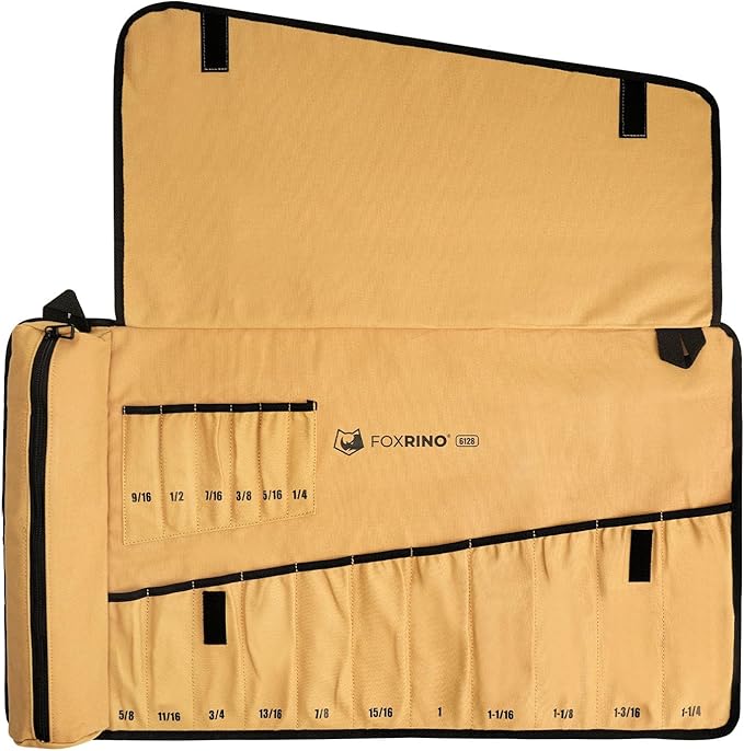 Wrench Roll, Wrench Roll Up Pouch, 17-Pocket Heavy Duty Canvas Wrench Organizer Bag for Metric Combination Wrenches, Portable Tool Roll Bag, Gifts for Men for Christmas (Brown, 17+1 SAE)