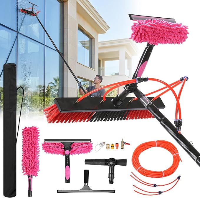 Water Fed Pole Brush Kit with Lightweight Pole Extendable Solar Panel Washing Tool with 180° Rotating Brushhead for Solar Panel Roof Car