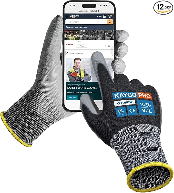 KAYGO Work Gloves PU Coated-12 Pairs KG15P, Nylon Lite Polyurethane Safety Work Gloves with full fingers Touchscreen, Knit Wrist Cuff,Ideal for Light Duty Work (large, Black)