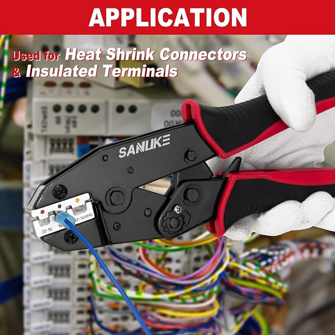 Sanuke Ratchet Crimping Tool for Heat Shrink Connectors (AWG 22-10), Wire Terminal Crimper for Insulated Nylon Connectors, Crimping Pliers for Electrical Repairs, Auto Wiring & Home Projects