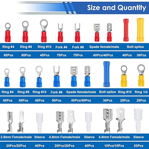 smseace 1100Pcs Crimp Wire Connectors with Crimping Tool Packed in Handheld Box 22-10AWG Insulated Wire Crimp Spade/Fork/Ring/Butt Electrical Speaker Wire Connector