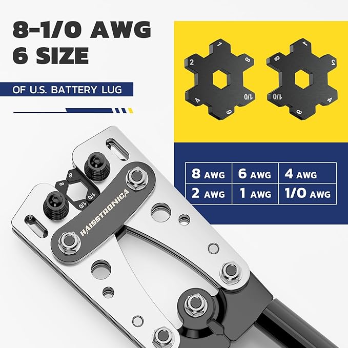 haisstronica Heavy Duty Battery Cable Crimping Tool Kit-Ratchet Hex Extended Handle Crimper for 8,6,4,2,1,1/0 AWG Copper Lugs with Blow Molded Box,Cable Cutter