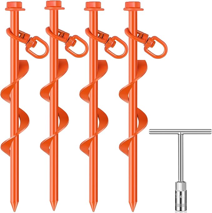 Hiboom 4 Pcs Ground Anchors with T Handle Hex Wrench Trampoline Hook, Ground Anchor Screw in Kit, Inflatable Outdoor Decorations Accessories for Camping Tents Car Ports Canopies (Orange,8 Inch)