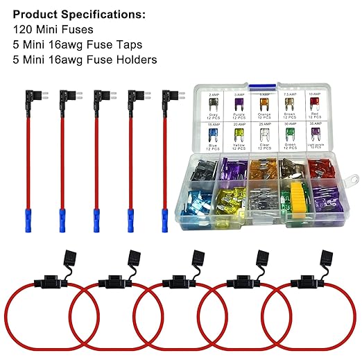 MuHize Mini Fuse Tap Kit Add-a-Circuit, Upgraded Inline 5 Pack 16AWG Fuse Holders, Fuses Taps with 120 Pack Fuses(2A/3A/5A/7.5A/10A/15A/20A/25A/30A/35A) for Automotive