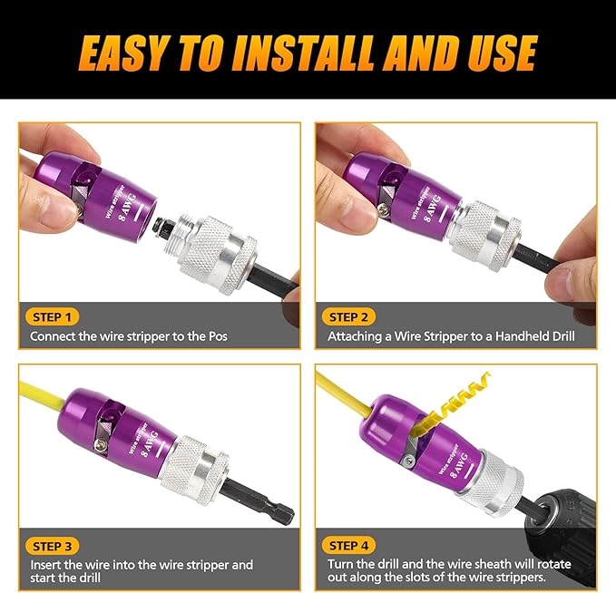 Wire Stripper for Drill, Professional Cable Stripping Tool for AWG 6-8-10-12-14 Gauge, Includes 5 Pcs Wire Strippers, 2 Pcs Wire Twisters, 5 pcs Wire Nuts