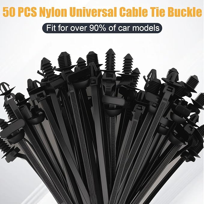 50PCS Universal Nylon Push Mount Cable Zip Tie, Heavy Duty Self Locking Zip Ties Holder, 5 Sizes Black Cable Tie Buckle, UV Resistant Multipurpose Tie Fasteners for Car Daily Repair(5 Types)