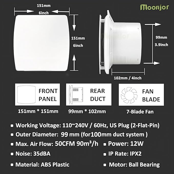 4" Exhaust Fan, 50CFM Quiet Small Window Wall Mount Vent Extractor Fan for Kitchen Bathroom Workshop Garage (US Cord)