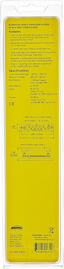 Blue Sea Systems 2312 BUSBAR 150 AMP 20X8-32 W/COVR