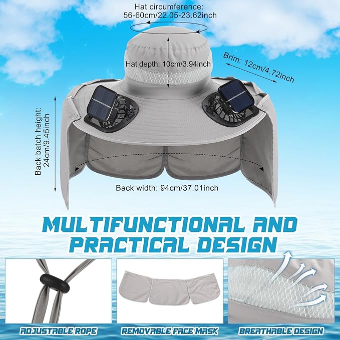 Chuarry Wide Brim Sun Hat with 2 Fan Outdoor Solar Powered USB Charging Fishing Hat with Neck Flap for Men Women