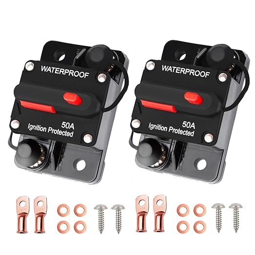 50 Amp Circuit Breaker with Manual Reset Switch for Boat Trolling Motor Marine ATV Solar System Stereo Audio Trailer Vehicles Electronic Battery 12V-48V DC Waterproof(2pcs Fuse)