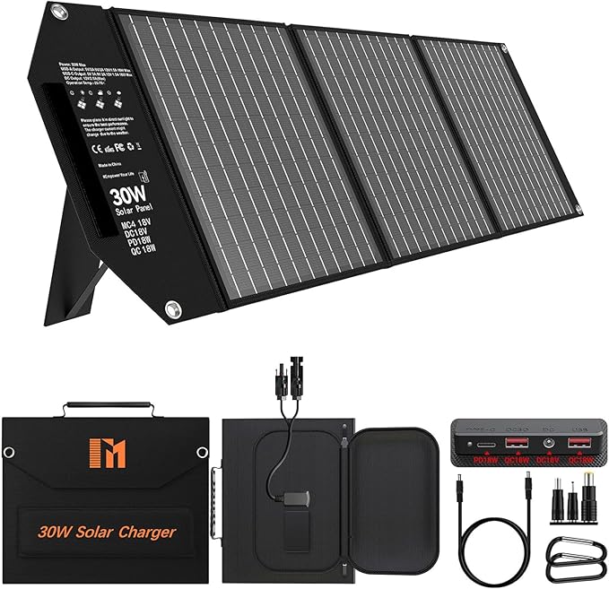30W Solar Panel Charger Portable Foldable with USB-C & USB-A 18V MC4 DC Fast Charging for Backpacking Travel Camping iPhone LG Google Cell Phone Power Bank Generator Power Station