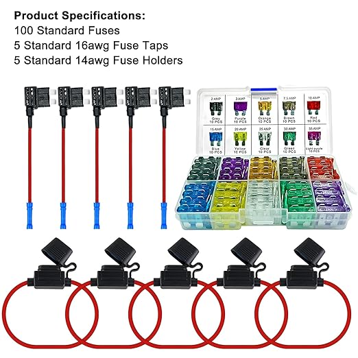 MuHize Fuse Tap Kit - Standard Inline 14AWG Fuse Holders, Add-a-Circuit Fuses Taps with 100 Pack Fuses (2A/3A/5A/7.5A/10A/15A/20A/25A/30A/35A) for Automotive, Marine