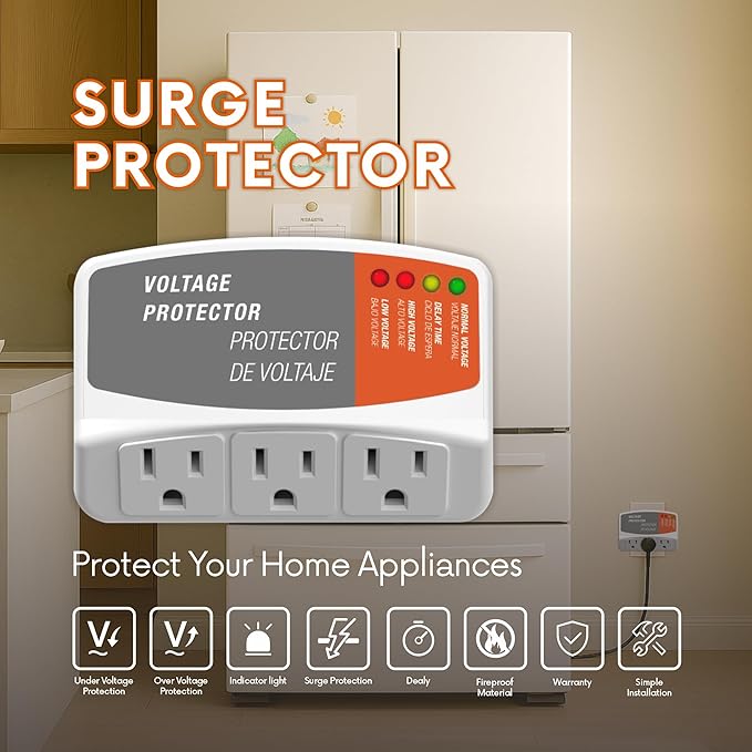 Surge Protector for Refrigerator with 3 Outlets Wall Socket Over/Under Voltage Protection for Home Appliances, 140J Surge Protection for Air Conditioner/TV/PC 120V 15A 1800W