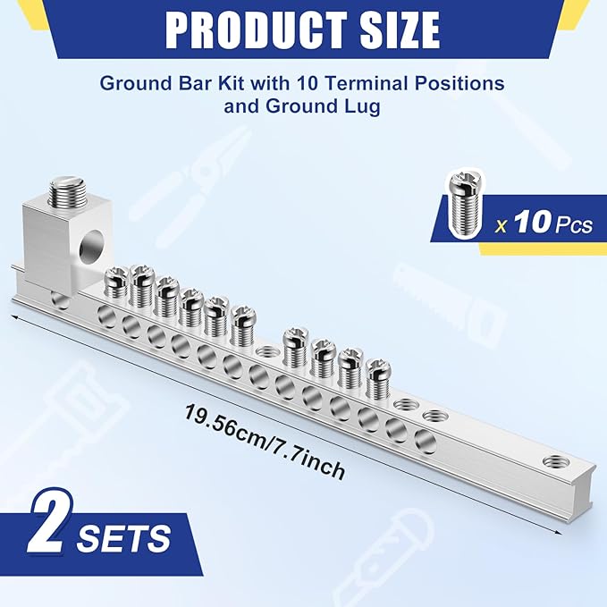 2 Set Ground Bar Kit with 10 Terminal Positions and Ground Lug Bar Aluminum Grounding Lugs for Electrical Connections