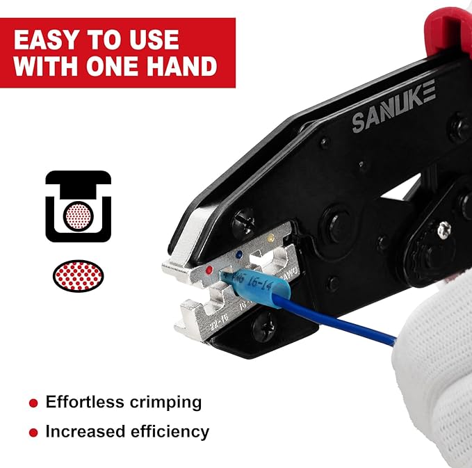 Sanuke Ratchet Crimping Tool for Heat Shrink Connectors (AWG 22-10), Wire Terminal Crimper for Insulated Nylon Connectors, Crimping Pliers for Electrical Repairs, Auto Wiring & Home Projects