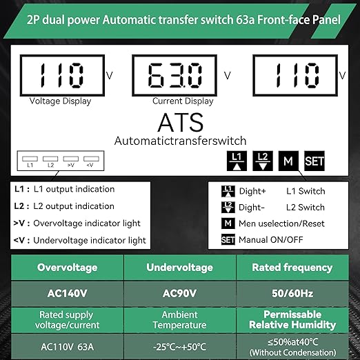 63Amp AC110V Automatic Transfer Switch with LED Display, 50/60Hz 2P ATS Auto Dual Power Outdoor Changeover Switch for Home Generator, L1 Priority Din Rail Mount CE Certified Selector Transfer Switches