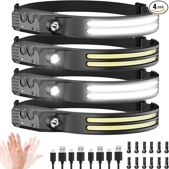 Beccason 4Pack LED Headlamp Rechargeable - 230° COB Super Bright Head Lights for Forehead, Hard hat Light for Adults, USB C Headband Flashlight for Work, Hunting, Running, Camping Essentials Gear
