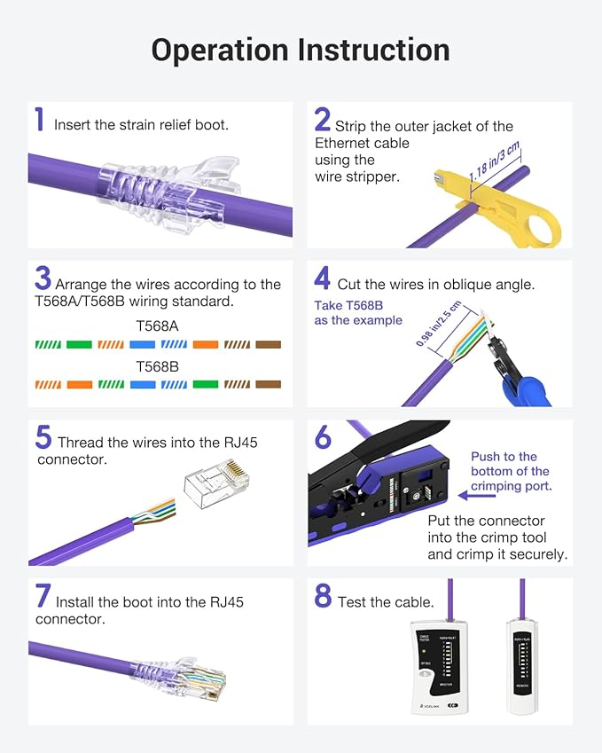 VCELINK RJ45 Crimp Tool Kit for CAT7/6A/6/5E/5, Upgraded Network Tool Set with an Ethernet Crimper, 50 RJ45 Connectors & Boots, Cable Tester, Wire Stripper and Cutter in a Cloth Bag