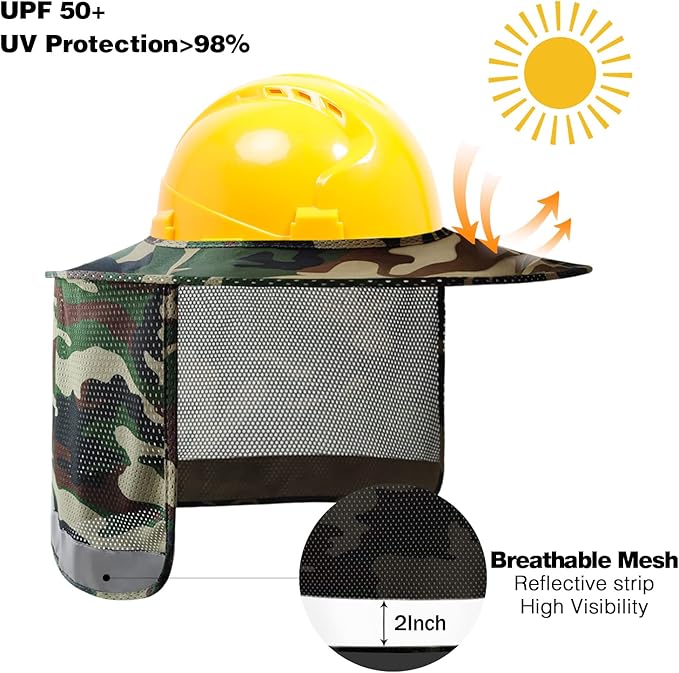 Hard Hat Sun Shade, High Visibility Sun Visor Neck Shade with Reflective Strip, Full Brim, Man & Woman, Camo, 2 Pack