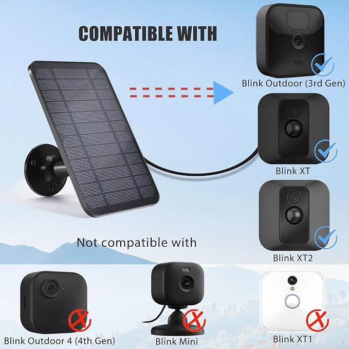 Solar Panel for Blink Camera, Solar Panel Compatible with Blink Outdoor (3rd Gen) Blink XT XT2 Camera, IP65 Waterproof, 13.12ft Cable, Wall Mount