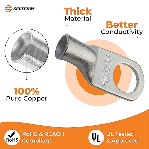 SELTERM 10pcs 6 AWG-3/8" Stud Tinned Copper Wire Lugs, Heavy Duty Battery Cable Ends,6 Gauge Ring Terminals, UL Battery Lugs Marine Grade Copper Eyelets Electrical Battery Terminal Connectors