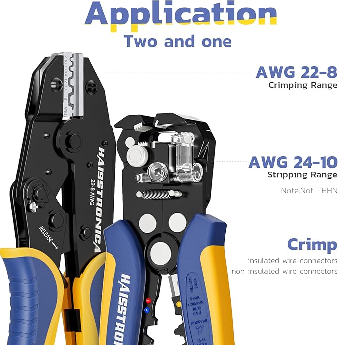 haisstronica Wire Stripper and Crimping Tool,AWG 24-10 Automatic Stripper Tool with AWG 22-8 Ratchet Wire Crimper For Non-Insulated Connectors