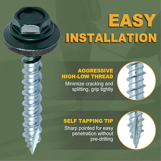 LIONMAX Metal Roofing Screws #10 × 2 Inch, 300-PCS, Forest/Ivy Green Painted Hex Head Sheet Metal Roof Screws, Rubber Washer, Sharp Point, Metal to Wood Siding Screws, Hex Socket Included