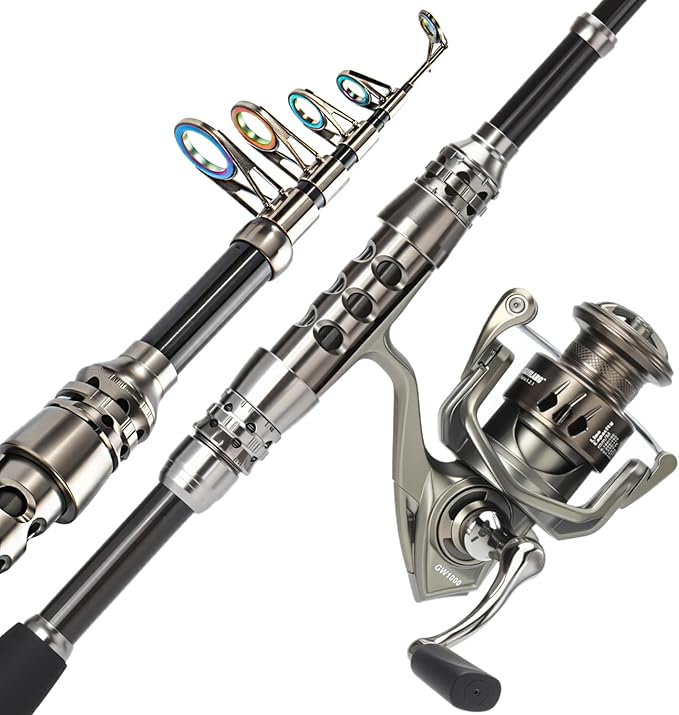 Sougayilang Fishing Rod and Reel Combo – 5.9FT Telescopic Carbon Fiber Fishing Pole with 12+1 BB Spinning Reel, Saltwater Freshwater Kit