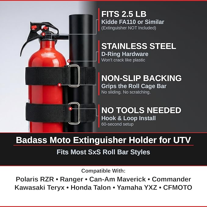 Badass Moto UTV Fire Extinguisher Mount. Roll Cage Holder with Stainless Steel D-Rings Fits Polaris RZR, Can-Am, Kawasaki, Honda, Yamaha 1.7–2.25 inch Bars. No Tools Needed Non-Scratch SxS Accessories
