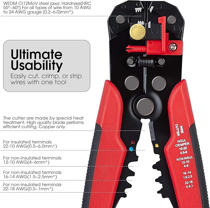 3 in 1 Self-Adjusting Wire Stripper Cutter, Wire Crimping Tool Wire Pliers for Wire Stripping, Cutting, Crimping 10-24 AWG (0.2-6.0mm²)