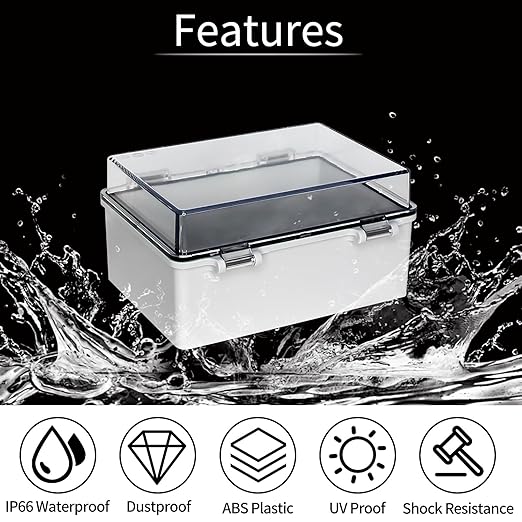 Outdoor Junction Box, Electrical Box,Waterproof ABS Plastic Dustproof Waterproof Outdoor Project Enclosure ith Plastic Snap Clear 7"x5.1"x3.5"