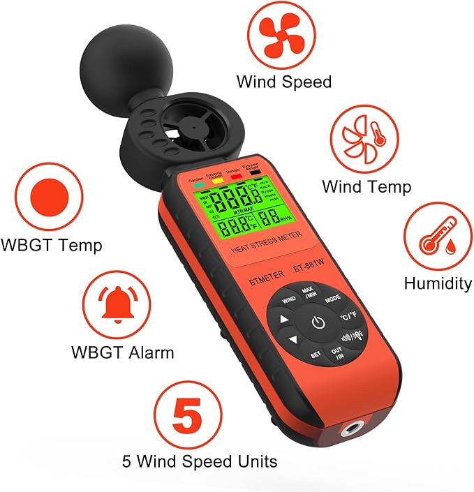 BTMETER BT-881W Heat Stress Meter Anemometer, Digital Indoor/Outdoor WBGT (Wet Bulb Globe Temperature) Meter with Wind Speed, Ambient Temp, Humidity Tester