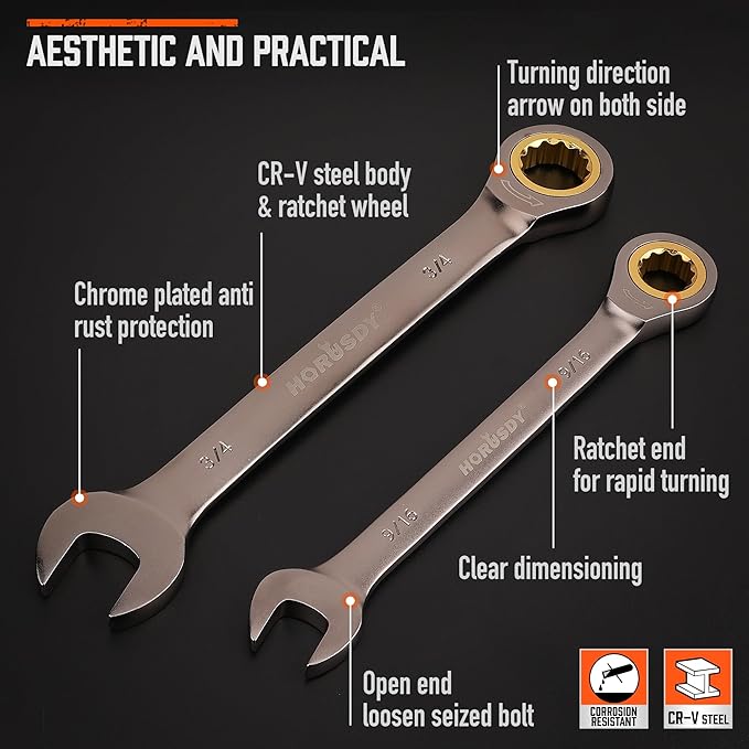 HORUSDY 12-Piece SAE Ratcheting Wrench Set | 1/4” to 7/8“ | Ratchet Combination Wrenches Set with Organizer | 72-Teeth | Chrome Vanadium Steel