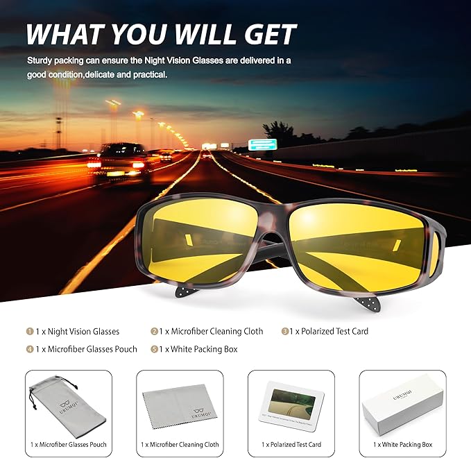URUMQI Night Vision Driving Glasses Fit Over Eyeglasses for Men Women, Anti Glare Polarized Nighttime Glasses Yellow Lens