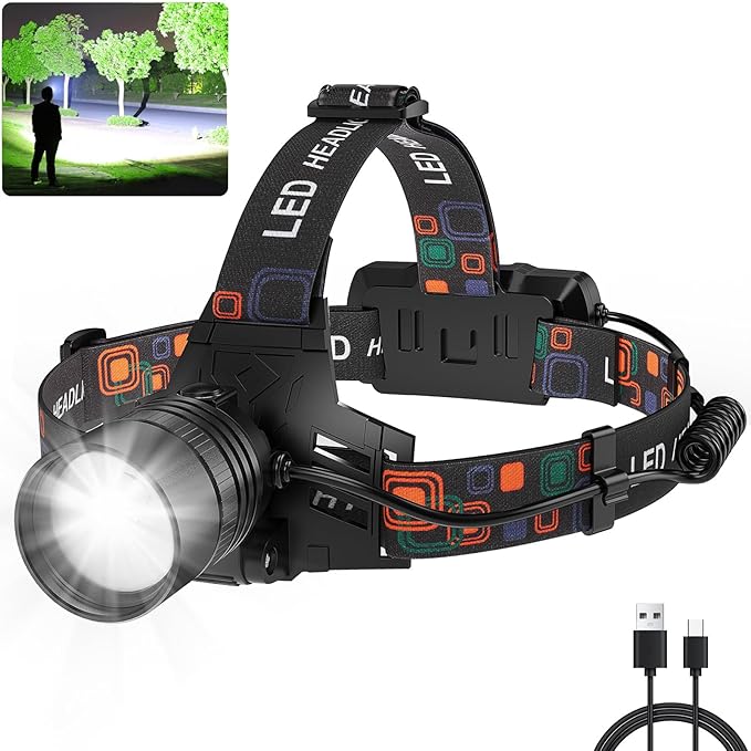 Rechargeable Headlamp, 99000 Lumens Super Bright LED Head Lamp with 3 Modes, 90° Adjustable Head Lights for Forehead, 45H Long Runtime & IPX6 Waterproof HeadLamps for Camping Hunting Hiking