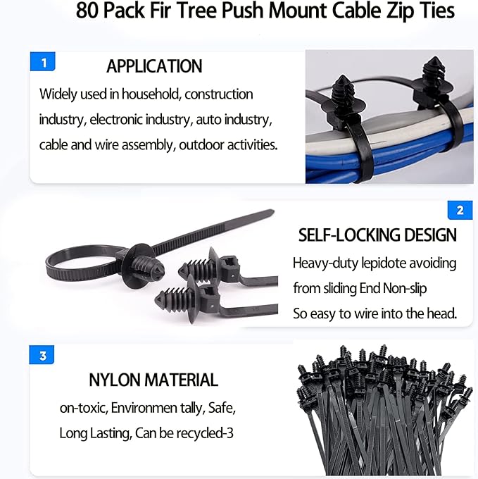 80 Pack Nylon Push Mount Cable Zip Tie, 8.3"x0.18" Heavy Duty Nylon Push Mount Self Locking UV Resistant Assortment for Indoor Wire Tying (Black)