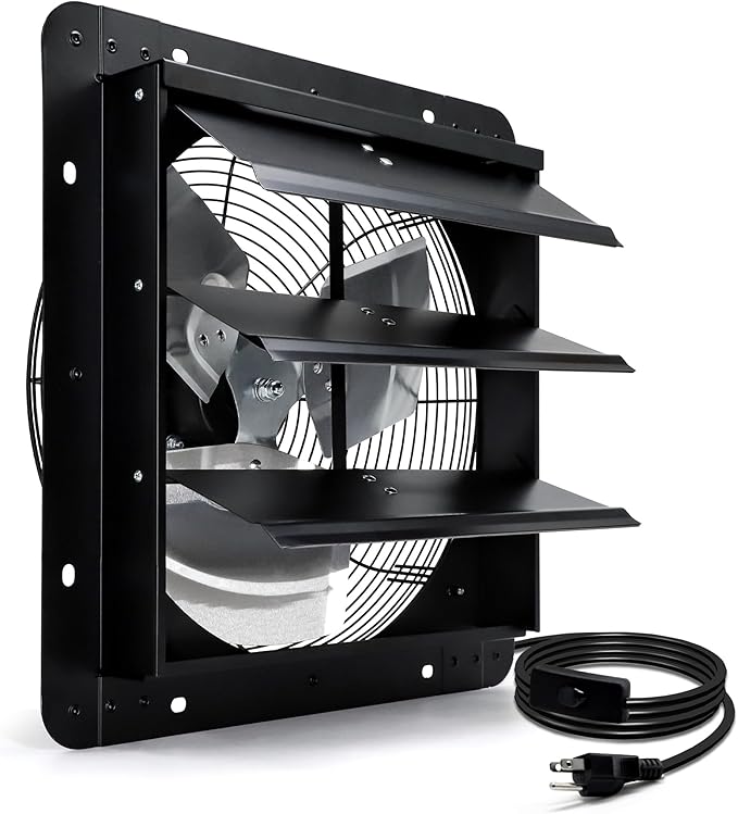 14 Inch Shutter Exhaust Fan, Wall Mount Attic Fan with Power Cord for Greenhouse, Shed, Garage, Barn, Chicken Coop Ventilation, 1088 CFM, Black