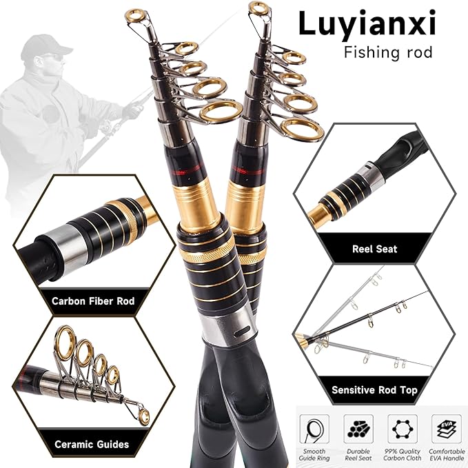 Telescopic Fishing Rod and Reel Combo, 2PCS 5.9FT Collapsible Fishing Pole Set with Pre-Loaded Spinning Reel Lures and Carrier Bag, Saltwater Freshwater Fishing Gear for Adults