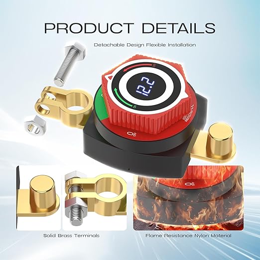 Top Post Battery Disconnect Switch 12V with LED Voltmeter, DC5-80V Car Battery Disconnect Switch Kill Switch for Car, RV, Boat, Marine On Off Battery Cut Off