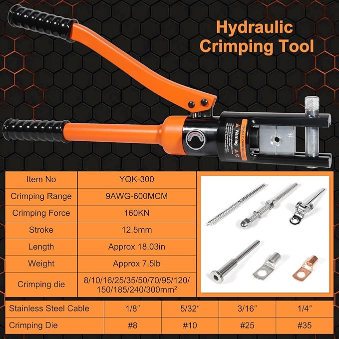 16 Ton Hydraulic Crimping Tool, Professional Battery Cable Crimper with 13 Die Sets, 9AWG to 600MCM Cable Crimping Tool (Triple-Stroke Fast Hydraulic Crimper)