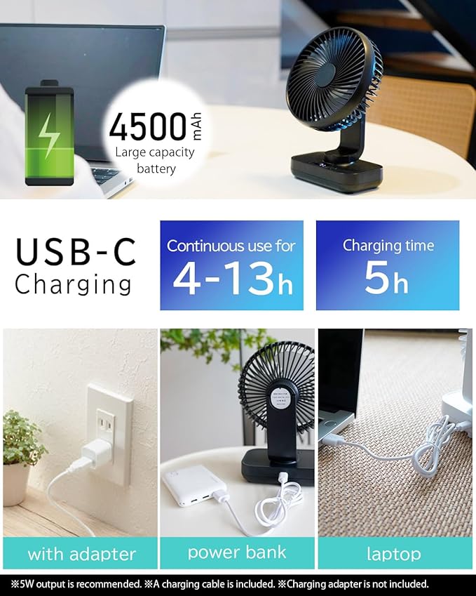 Oscillating Small Desk Fan, with USB Rechargeable Battery, Ultra Quiet, 4 Speeds, 13-Hour Runtime, Wall-Mount Option, Quiet Fan, Home, Bedroom and Office, Black