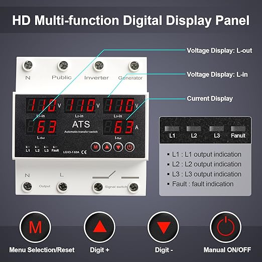 4P 63A 110V ATS Automatic Transfer Switch - L1 Priority Phase Selector, 50/60Hz, Din Rail Mount, CE Certified for Public, Inverter, Generator Use