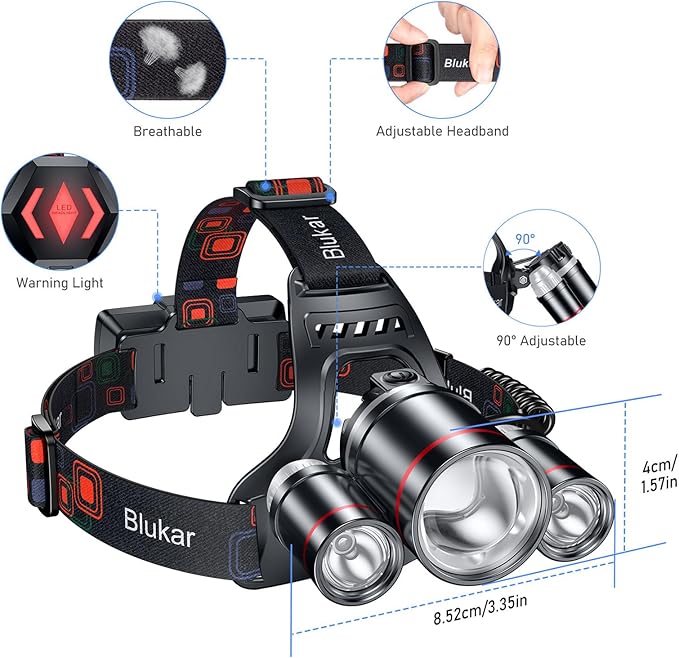 Blukar LED Headlamp, Super Bright Rechargeable Headlight Flashlight - 3 Lights 5 Modes,Zoomable,Spotlight&Floodlight Combination, IPX6 Waterproof, 20+Hrs Runtime for Running,Hiking,Camping etc.