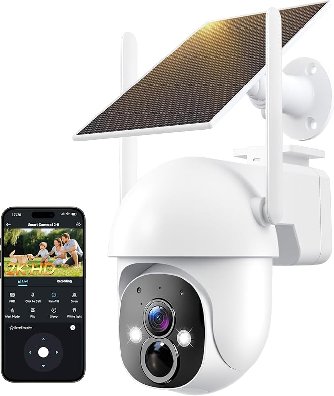 2K Solar Security Cameras Wireless Outdoor, 360° View Outdoor Camera for Home Security with Color Night Vision, Battery Powered, AI PIR Detection, Spotlight Siren Alarm, Only 2.4Ghz WiFi