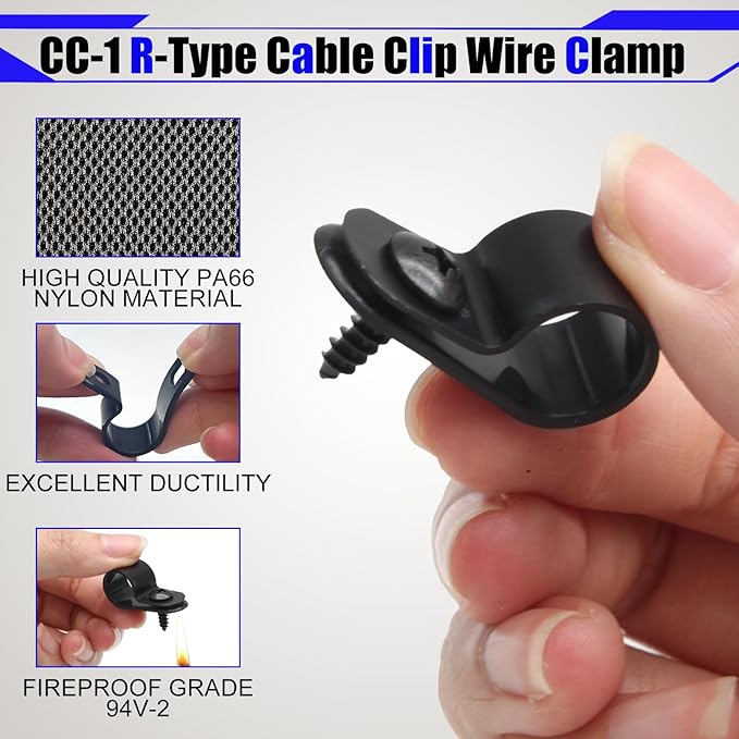 60 Pcs R-Type Cable Clip Wire Clamp, 1/2 Inch Nylon Cable Clamp Rope Light Mounting Clips Wire Fasten with 60 Screws for Wire Management and Cable Management