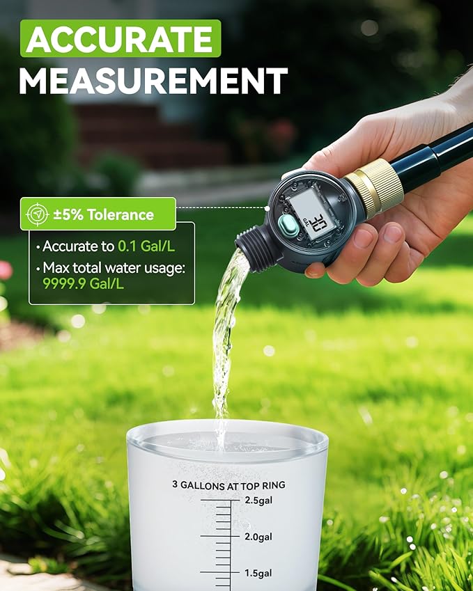 RAINPOINT Water Flow Meter with Brass Inlet, Water Meter for RV Tank Filling, Garden Hose Watering, Lawn Sprinkler & Nozzle Sprayer, ±5% Accuracy, Max Measured Consumption of 9999.9 Gallon/Liter