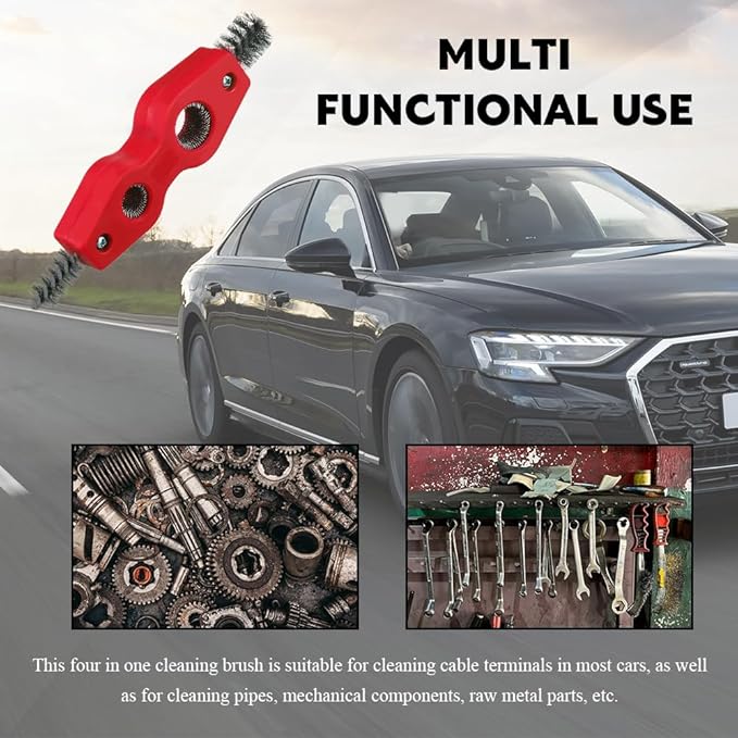 4 in 1 Car Battery Cleaning Brush, Battery Terminal Brush, Anti-Rust Auto Battery Cleaner with Steel Wire, Car Accessories Vehicle Machine Parts Cleaning Tools Fit for Auto Marine (Red)